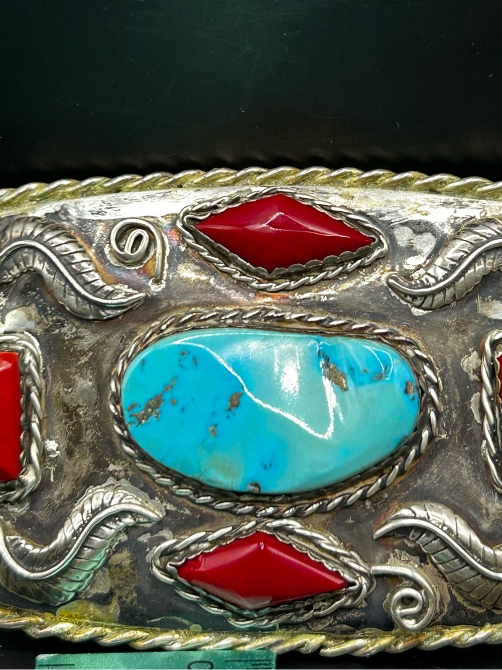 Turquoise and Red Stone Silver Belt Buckle